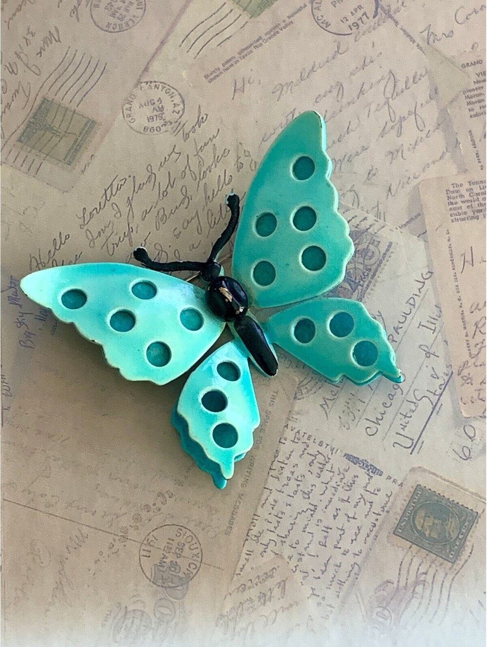 Vintage Enamel 3D Bright Blue Butterfly Vintage Brooch Pin with Unique Cutouts